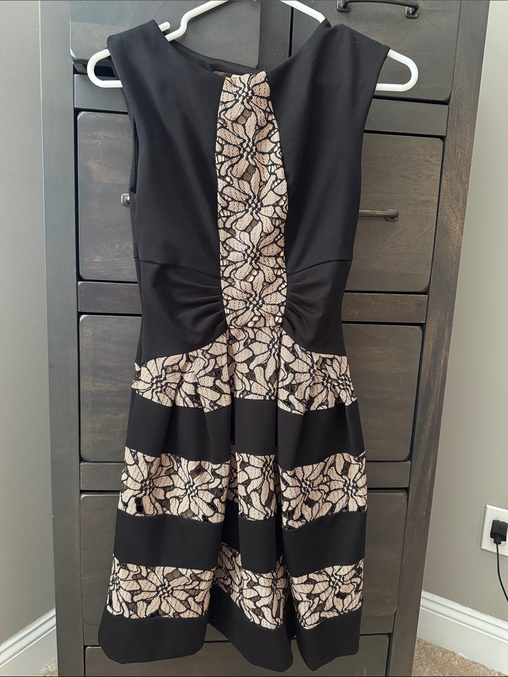 Forever Unique Black and Beige Lace-Panel Fit & Flare Mini Dress
